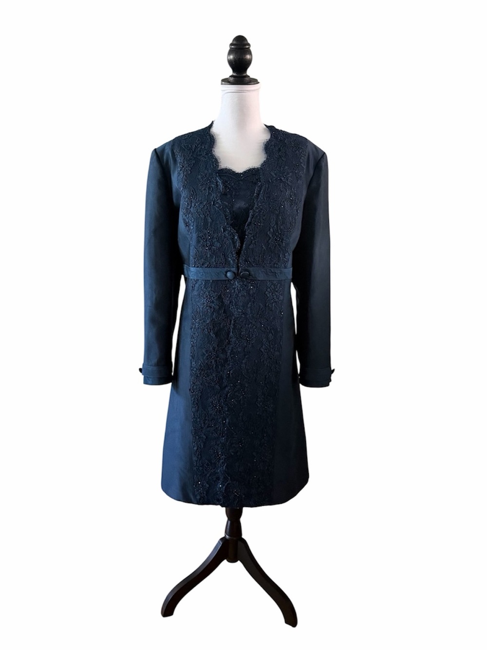 Montage by Mon Cheri Navy Blue Silk Lace Brocade Evening Coat & Dress Suit, 20